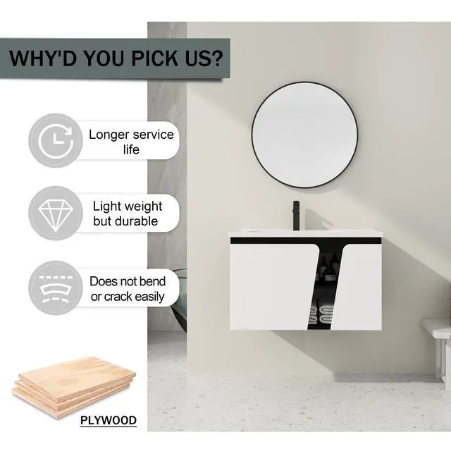 Alt view image 7 of 7 - 32' Floating Wall-Mounted Bathroom Vanity With Single Sink,& Soft-Close Cabinet Door