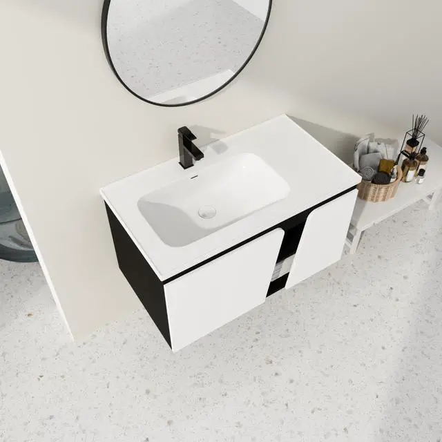 Alt view image 3 of 7 - 36'' Floating Wall-Mounted Bathroom Vanity With Ceramic Basin & Soft-Close Cabinet Door