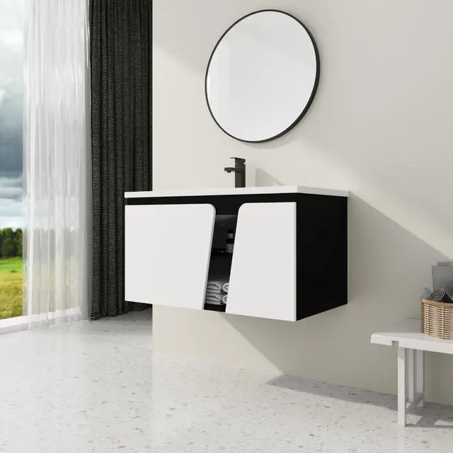 Alt view image 4 of 7 - 36'' Floating Wall-Mounted Bathroom Vanity With Ceramic Basin & Soft-Close Cabinet Door