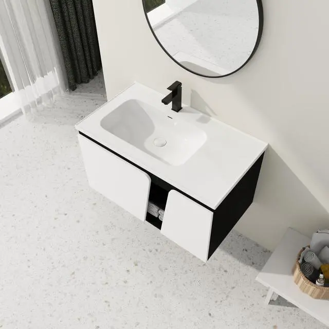 Alt view image 5 of 7 - 36'' Floating Wall-Mounted Bathroom Vanity With Ceramic Basin & Soft-Close Cabinet Door