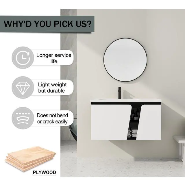 Alt view image 7 of 7 - 36'' Floating Wall-Mounted Bathroom Vanity With Ceramic Basin & Soft-Close Cabinet Door