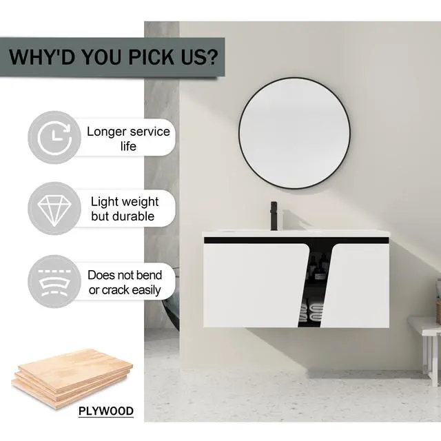 Alt view image 7 of 7 - 40'' Floating Wall-Mounted Bathroom Vanity with Ceramics Sink & Soft-Close Cabinet Door