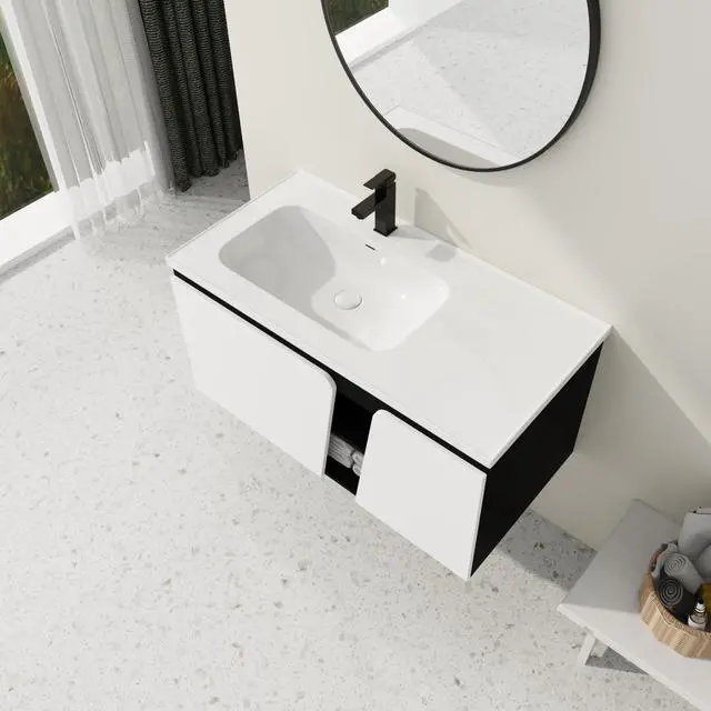 Alt view image 5 of 7 - 40'' Floating Wall-Mounted Bathroom Vanity with Ceramics Sink & Soft-Close Cabinet Door