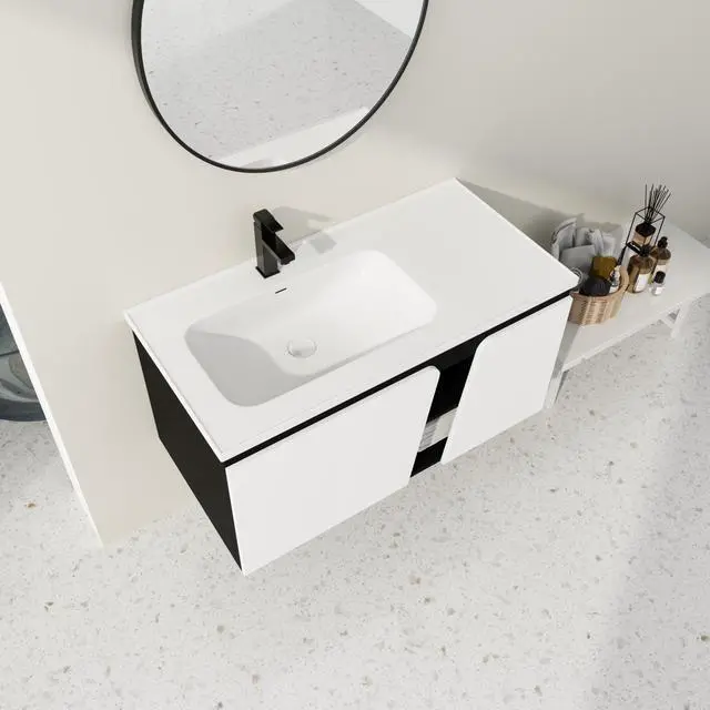 Alt view image 3 of 7 - 40'' Floating Wall-Mounted Bathroom Vanity with Ceramics Sink & Soft-Close Cabinet Door