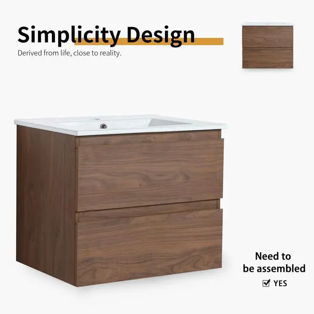 Alt view image 3 of 7 - 24" Wall-Mounted Bathroom Vanity With Ceramic Sink, 2-Soft Close Drawers, KD-Package