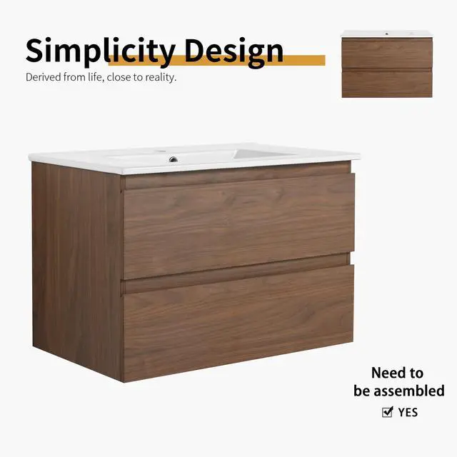 Alt view image 3 of 7 - 30" Wall-Mounted Bathroom Vanity With Ceramic Sink, 2-Soft Close Drawers, KD-Package