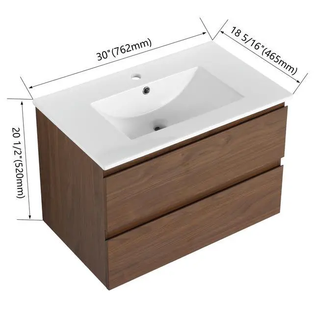 Alt view image 7 of 7 - 30" Wall-Mounted Bathroom Vanity With Ceramic Sink, 2-Soft Close Drawers, KD-Package