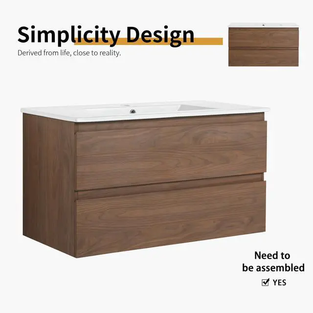 Alt view image 3 of 7 - 36" Wall-Mounted Bathroom Vanity With Ceramic Sink, 2-Soft Close Drawers, KD-Package
