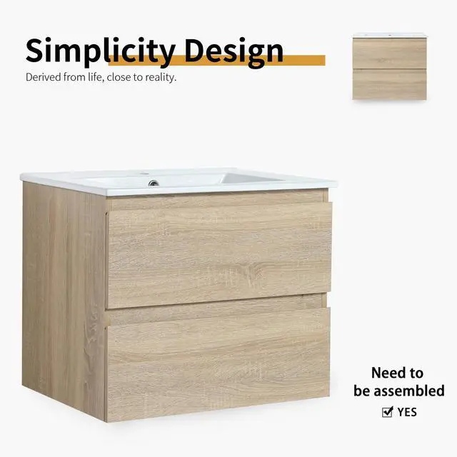 Alt view image 3 of 7 - 24" Wall-Mounted Bathroom Vanity With Ceramic Sink, 2-Soft Close Drawers, KD-Package