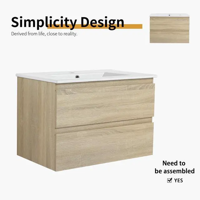 Alt view image 3 of 7 - 30" Wall-Mounted Bathroom Vanity With Ceramic Sink, 2-Soft Close Drawers, KD-Package