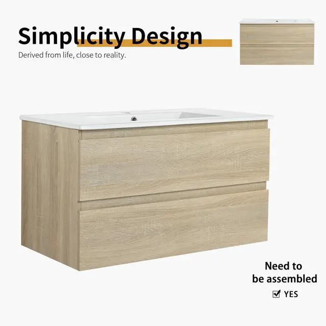 Alt view image 3 of 7 - 36" Wall-Mounted Bathroom Vanity With Ceramic Sink, 2-Soft Close Drawers, KD-Package
