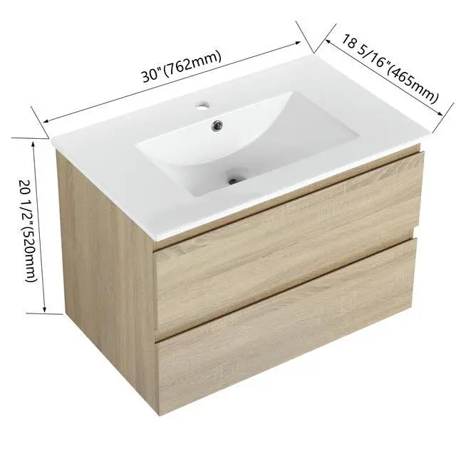 Alt view image 7 of 7 - 30" Wall-Mounted Bathroom Vanity With Ceramic Sink, 2-Soft Close Drawers, KD-Package