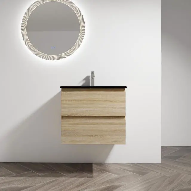 Main image of 24" Wall-Mounted Bathroom Vanity With Black Ceramic Sink, 2-Soft Close Drawers, KD-Package