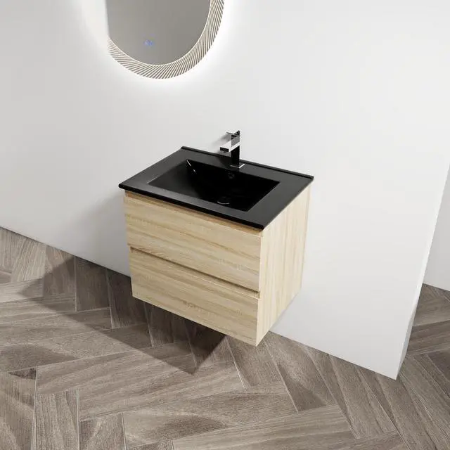 Alt view image 3 of 7 - 24" Wall-Mounted Bathroom Vanity With Black Ceramic Sink, 2-Soft Close Drawers, KD-Package