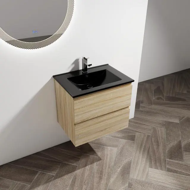 Alt view image 6 of 7 - 24" Wall-Mounted Bathroom Vanity With Black Ceramic Sink, 2-Soft Close Drawers, KD-Package