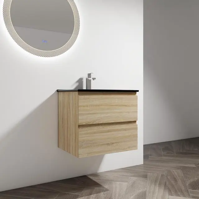 Alt view image 4 of 7 - 24" Wall-Mounted Bathroom Vanity With Black Ceramic Sink, 2-Soft Close Drawers, KD-Package