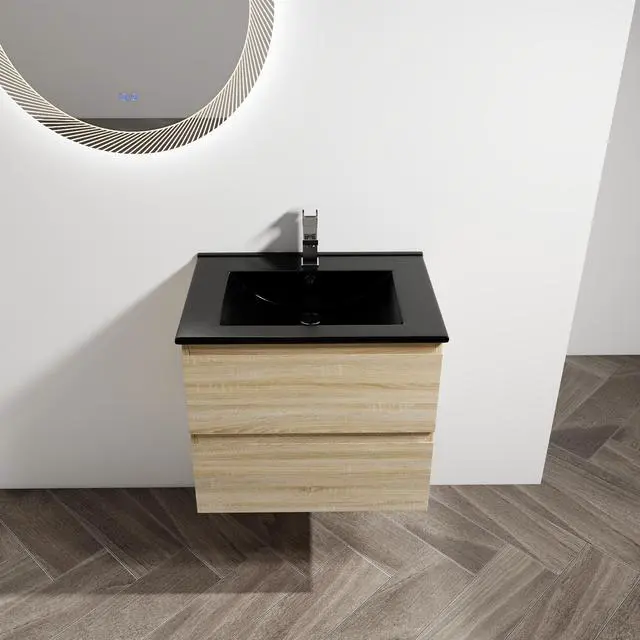 Alt view image 5 of 7 - 24" Wall-Mounted Bathroom Vanity With Black Ceramic Sink, 2-Soft Close Drawers, KD-Package