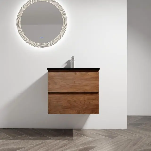 Main image of 24" Wall-Mounted Bathroom Vanity With Black Ceramic Sink, 2-Soft Close Drawers, KD-Package