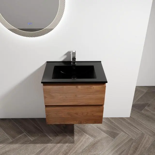 Alt view image 3 of 7 - 24" Wall-Mounted Bathroom Vanity With Black Ceramic Sink, 2-Soft Close Drawers, KD-Package