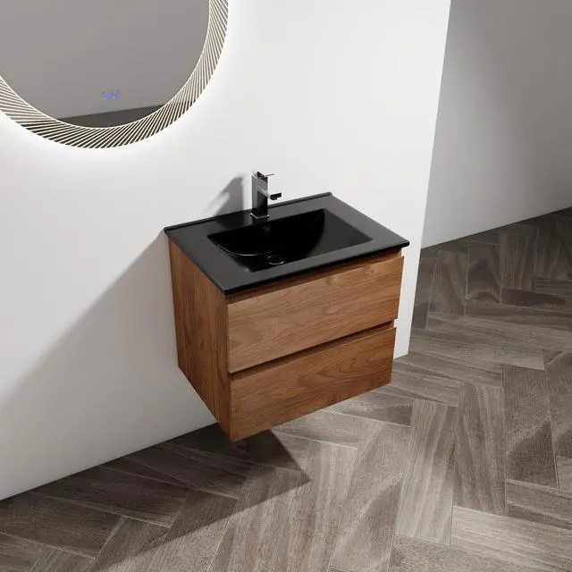 Alt view image 2 of 7 - 24" Wall-Mounted Bathroom Vanity With Black Ceramic Sink, 2-Soft Close Drawers, KD-Package
