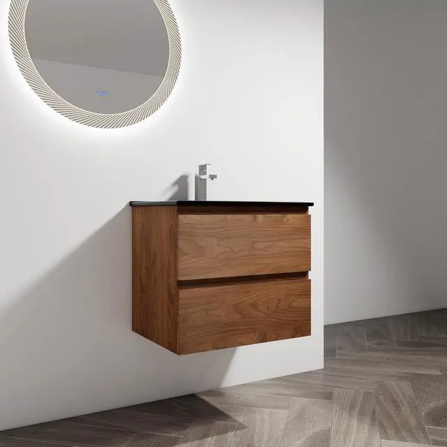 Alt view image 4 of 7 - 24" Wall-Mounted Bathroom Vanity With Black Ceramic Sink, 2-Soft Close Drawers, KD-Package