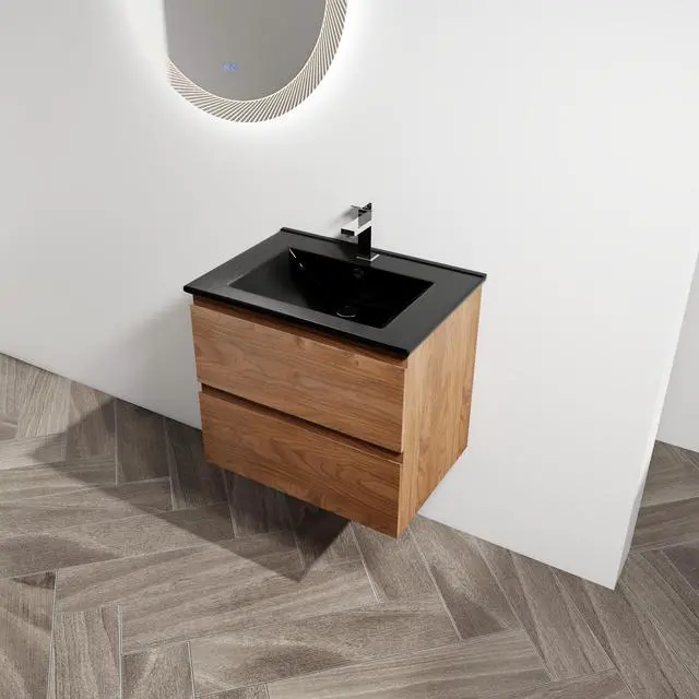 Alt view image 5 of 7 - 24" Wall-Mounted Bathroom Vanity With Black Ceramic Sink, 2-Soft Close Drawers, KD-Package