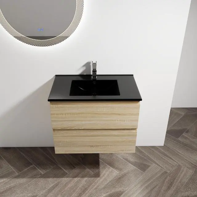 Alt view image 2 of 7 - 30" Wall-Mounted Bathroom Vanity With Black Ceramic Sink, 2-Soft Close Drawers, KD-Package