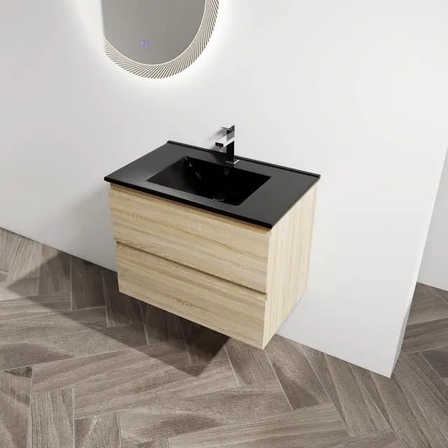 Alt view image 5 of 7 - 30" Wall-Mounted Bathroom Vanity With Black Ceramic Sink, 2-Soft Close Drawers, KD-Package