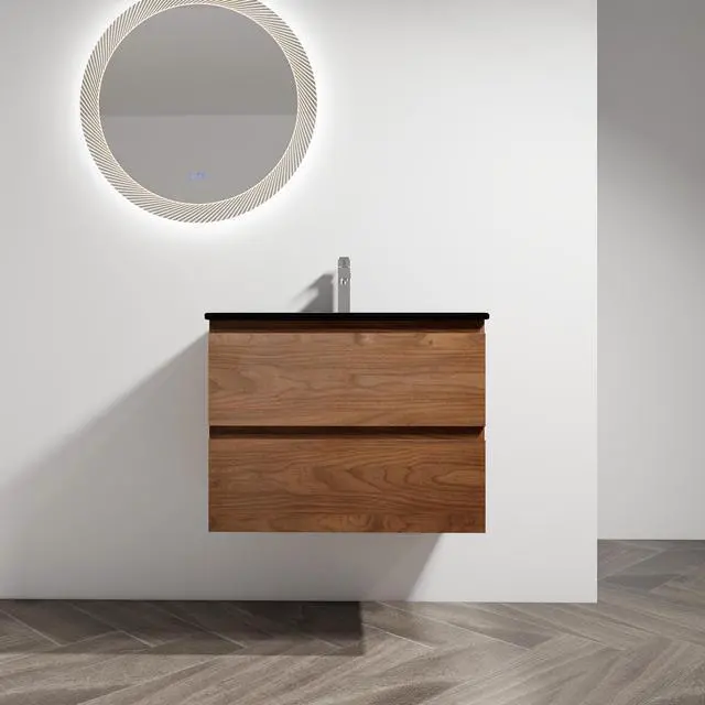 Main image of 30" Wall-Mounted Bathroom Vanity With Black Ceramic Sink, 2-Soft Close Drawers, KD-Package