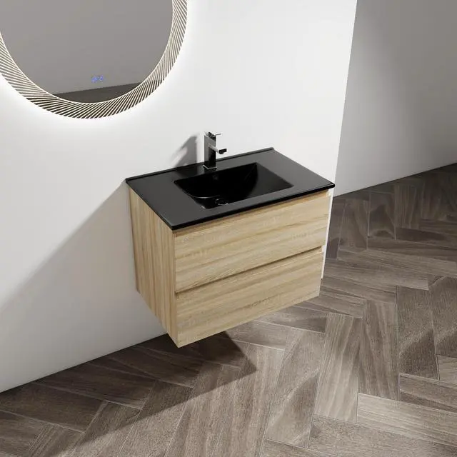 Alt view image 6 of 7 - 30" Wall-Mounted Bathroom Vanity With Black Ceramic Sink, 2-Soft Close Drawers, KD-Package