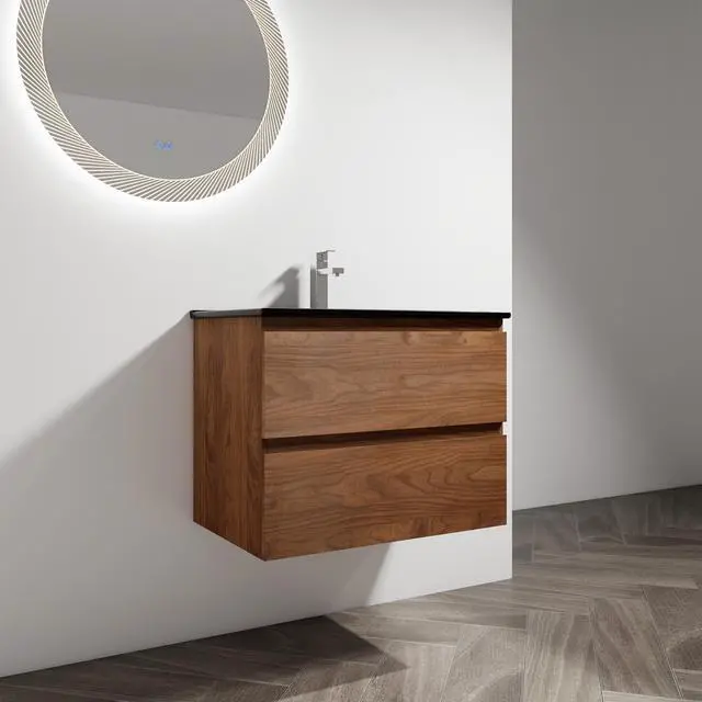 Alt view image 6 of 7 - 30" Wall-Mounted Bathroom Vanity With Black Ceramic Sink, 2-Soft Close Drawers, KD-Package