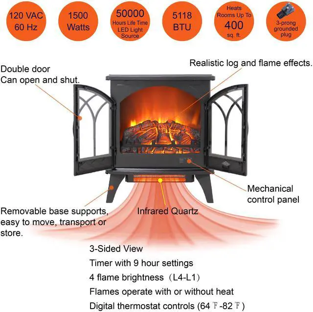Alt view image 6 of 7 - 24 Inch 3D Flame Electric Infrared Quartz Fireplace Stove With Remote Control