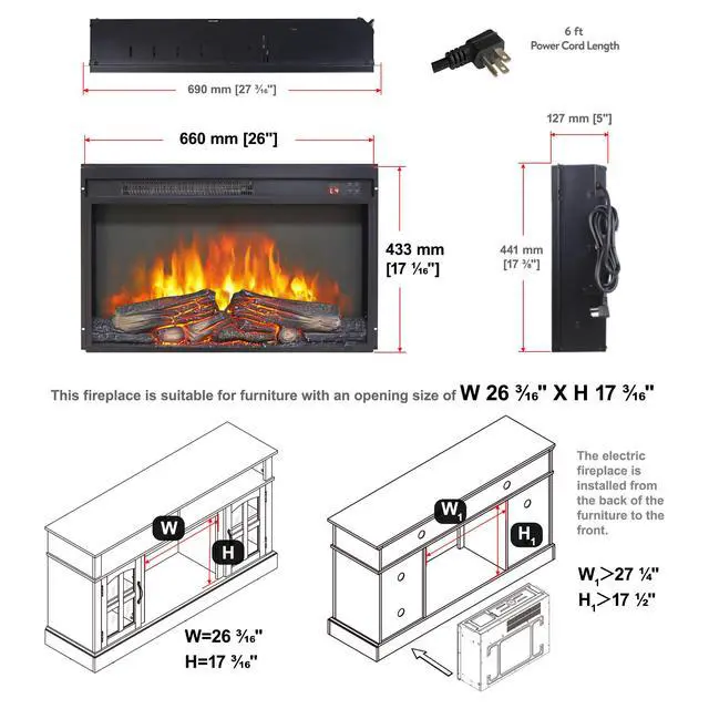 Alt view image 7 of 7 - 26 Inch Electric Fireplace Insert, Ultra Thin Heater With Log Set & Realistic Flame, Remote Control With Timer, Overheating Protection