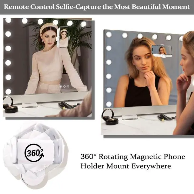 Alt view image 2 of 7 - 31.5"x22.8" Selfie Remote Control Vanity Mirror with Lights, 0.6" Ultrathin Large Hollywood Vanity Mirror 18 LED Bulbs Magnet Phone Holder Tabletop Makeup Mirror Wall Mount
