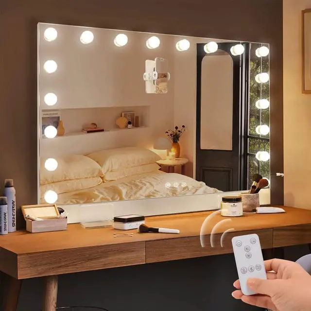 Main image of 31.5"x22.8" Selfie Remote Control Vanity Mirror with Lights, 0.6" Ultrathin Large Hollywood Vanity Mirror 18 LED Bulbs Magnet Phone Holder Tabletop Makeup Mirror Wall Mount