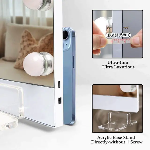Alt view image 4 of 7 - 31.5"x22.8" Selfie Remote Control Vanity Mirror with Lights, 0.6" Ultrathin Large Hollywood Vanity Mirror 18 LED Bulbs Magnet Phone Holder Tabletop Makeup Mirror Wall Mount