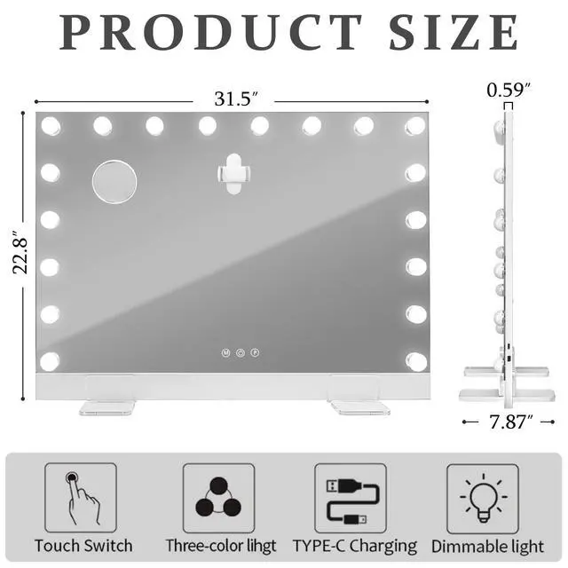 Alt view image 5 of 7 - 31.5"x22.8" Selfie Remote Control Vanity Mirror with Lights, 0.6" Ultrathin Large Hollywood Vanity Mirror 18 LED Bulbs Magnet Phone Holder Tabletop Makeup Mirror Wall Mount