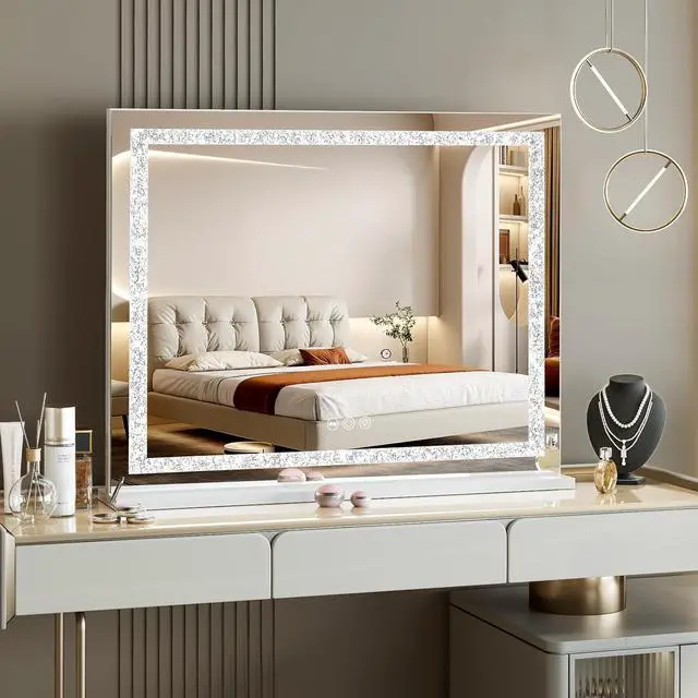 Main image of Vanity Mirror with Lights 31.5" x 22.8" Makeup Mirror with Crystal Light Strip and Hollywood Vanity Mirror wtih Smart Touch Control 3 Colors Dimmable Light Strip & 10X Magnification,White