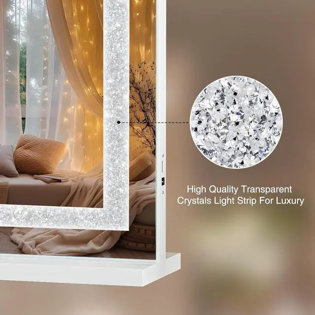 Alt view image 2 of 7 - Vanity Mirror with Lights 31.5" x 22.8" Makeup Mirror with Crystal Light Strip and Hollywood Vanity Mirror wtih Smart Touch Control 3 Colors Dimmable Light Strip & 10X Magnification,White