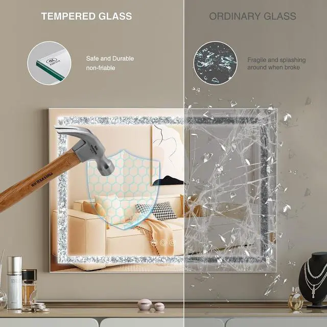 Alt view image 3 of 7 - Vanity Mirror with Lights 31.5" x 22.8" Makeup Mirror with Crystal Light Strip and Hollywood Vanity Mirror wtih Smart Touch Control 3 Colors Dimmable Light Strip & 10X Magnification,White