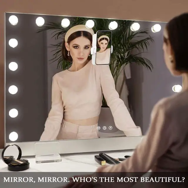 Alt view image 7 of 7 - 31.5"x22.8" Selfie Remote Control Vanity Mirror with Lights, 0.6" Ultrathin Large Hollywood Vanity Mirror 18 LED Bulbs Magnet Phone Holder Tabletop Makeup Mirror Wall Mount