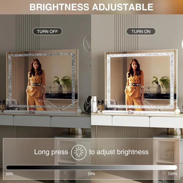 Alt view image 6 of 7 - Vanity Mirror with Lights 31.5" x 22.8" Makeup Mirror with Crystal Light Strip and Hollywood Vanity Mirror wtih Smart Touch Control 3 Colors Dimmable Light Strip & 10X Magnification,White