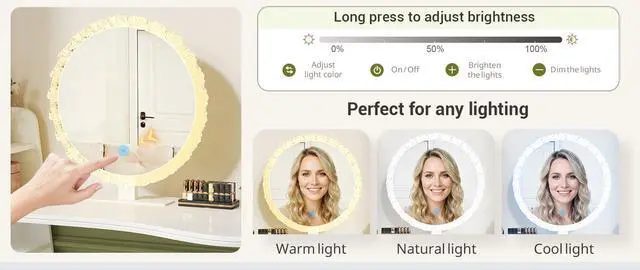 Alt view image 2 of 6 - Crystal Edge LED Makeup Mirror with 3-Color Dimmable Lighting