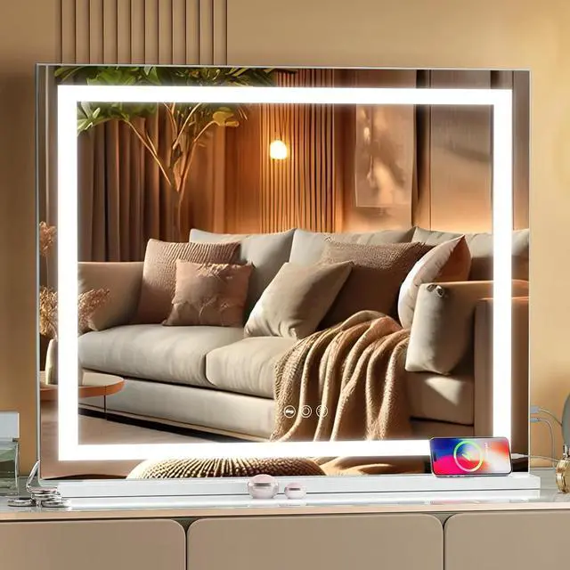 Alt view image 7 of 7 - Vanity Mirror with Lights 31.5" x 22.8" Makeup Mirror with Crystal Light Strip and Hollywood Vanity Mirror wtih Smart Touch Control 3 Colors Dimmable Light Strip & 10X Magnification,White