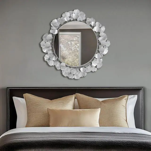 Alt view image 2 of 7 - 30.5" Gingko Leaf Round Wall Mirror Silver