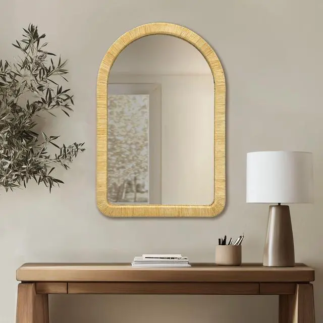 Main image of 39.00x26.00x1.20" Natural Rattan Arched Wall Mirror