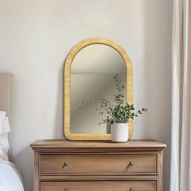 Alt view image 3 of 7 - 39.00x26.00x1.20" Natural Rattan Arched Wall Mirror
