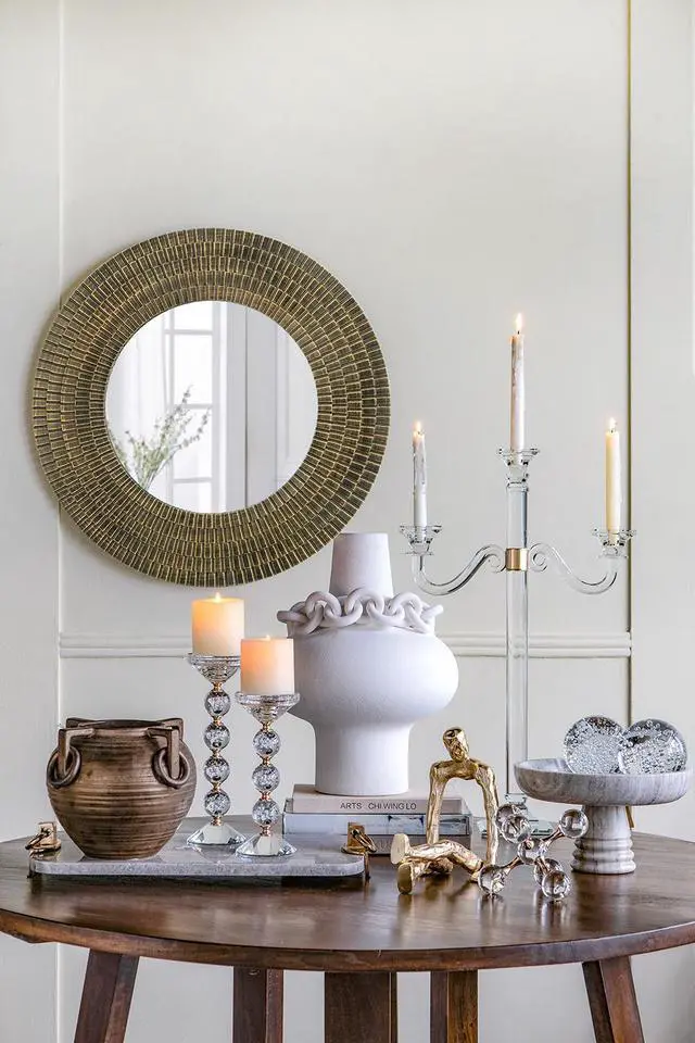 Main image of D29.5" Round Black And Gold Wooden Accent Mirror With Woven Texture