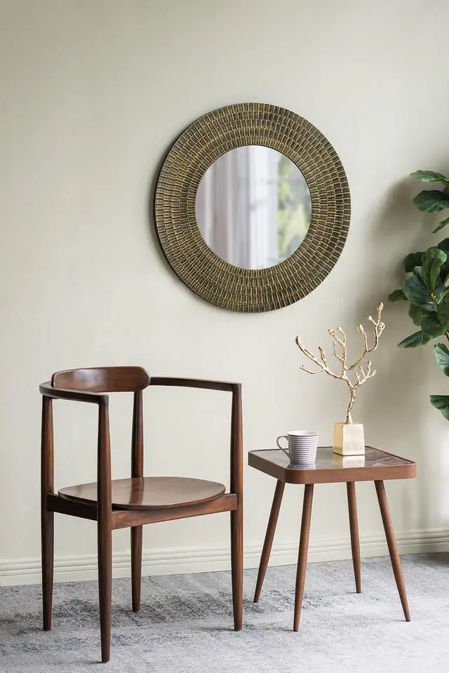 Alt view image 3 of 7 - D29.5" Round Black And Gold Wooden Accent Mirror With Woven Texture