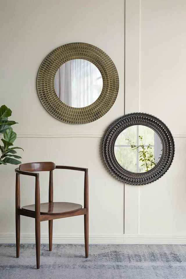 Alt view image 4 of 7 - D29.5" Round Black And Gold Wooden Accent Mirror With Woven Texture